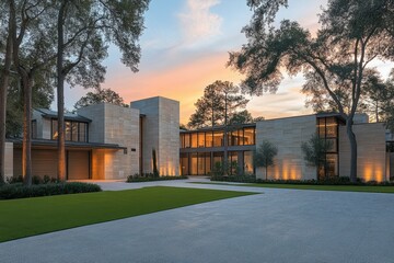 Modern architectural design of luxurious home at sunset
