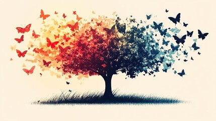 Metamorphosis Silhouette: Tree transforming into butterflies, symbolizing graceful change in soft colors.