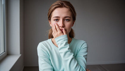 Child in pale blue shirt with hand on face by window, emotional contemplation