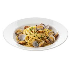 Plate of spaghetti with clams garnished with herbs, set against a simple background
