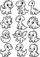 A set of 10 baby dinosaur characters in black and white vector style, isolated on white background, cute cartoon line art.