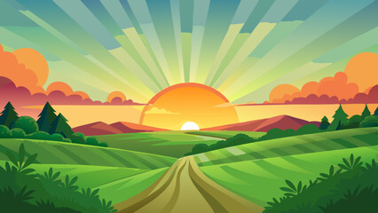 Colorful Sunrise Over Countryside Fields and Hills Illustration