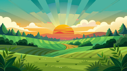 Obraz premium Colorful Sunrise Over Countryside Fields and Hills Illustration