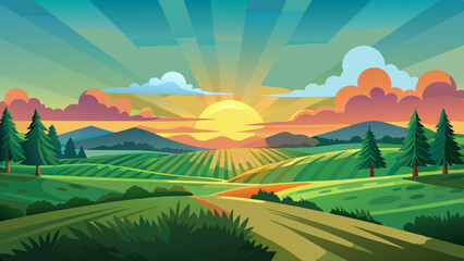 Colorful Sunrise Over Countryside Fields and Hills Illustration