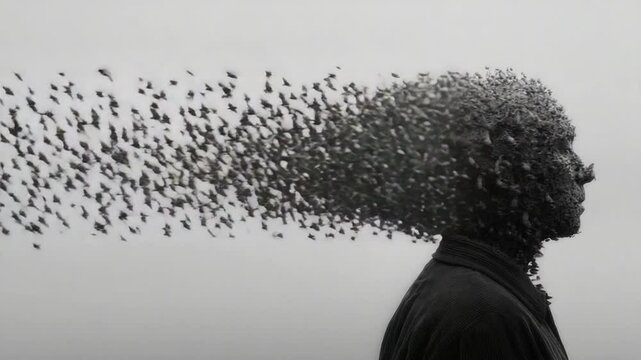 Surreal Metamorphosis: Birds Forming Human Profile in Monochrome Art Performance