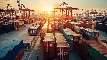 Aerial View Of Shipping Containers Cranes And Port During Sunset Golden Hour With Orange And Red Tones And Blue Sky - Powered by Adobe