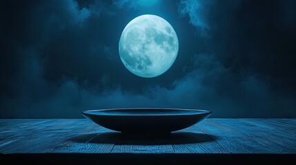 Minimalist plate on a table under a serene night scene with large moon visible, elegant dining promotion.