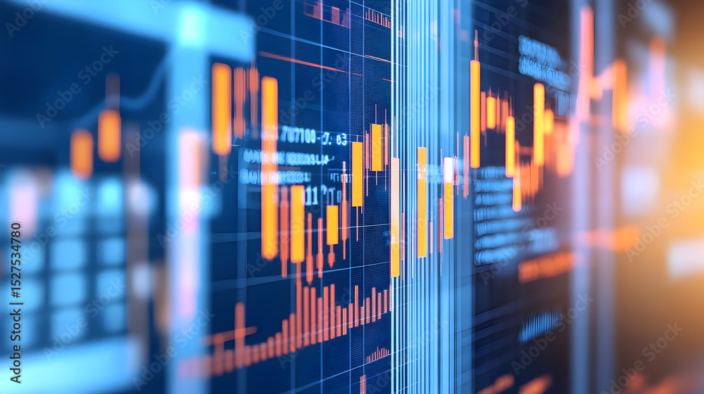 Poster a close-up view of a financial chart displaying colorful candlestick patterns and data, indicating m