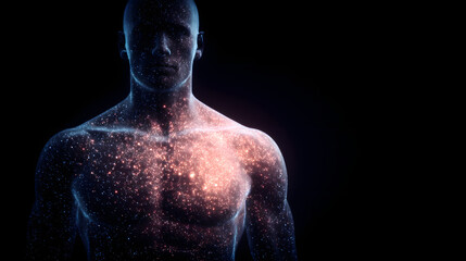 Human figure made of glowing particles, sci-fi digital art style
