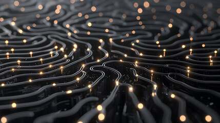 An abstract representation of interconnected lines and glowing dots on a dark surface, evoking a sense of digital networks and technology.