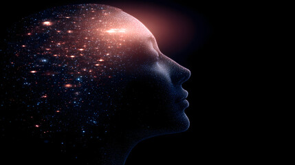 Human figure made of glowing particles, sci-fi digital art style
