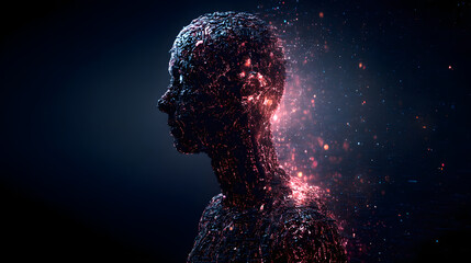 Human figure made of glowing particles, sci-fi digital art style
