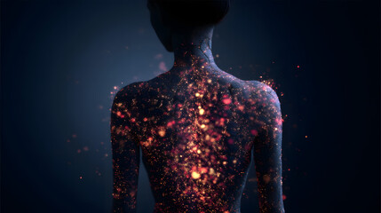 Human figure made of glowing particles, sci-fi digital art style
