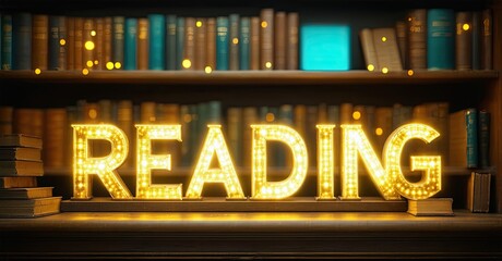 Obraz premium Bright illuminated reading sign sits before stacked books, bookshelf background. Warm lighting creates cozy atmosphere.