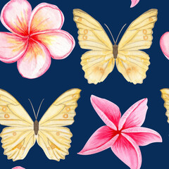 Yellow butterflies, pink tropical plumeria flowers seamless watercolor pattern. Hand painted for textile design, summer packaging, wedding decor, branding, stationery, digital products. On blue