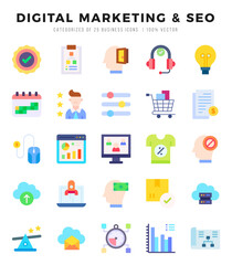 DIGITAL MARKETING & SEO Flat icons collection. 25 icon set in a Flat design.