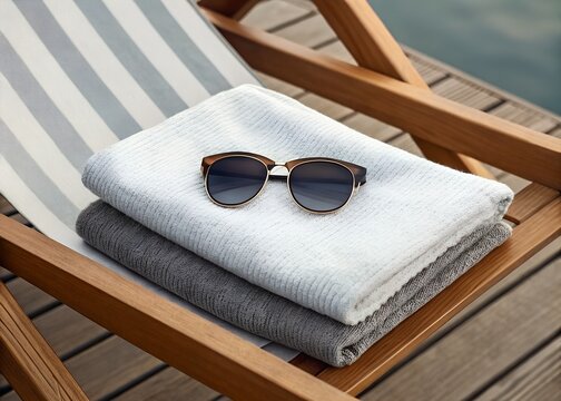 Sunglasses on a towel, placed on a wooden deck chair