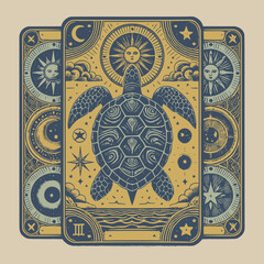vintage vector turtle illustration with ornate shell design for reptile oracle card