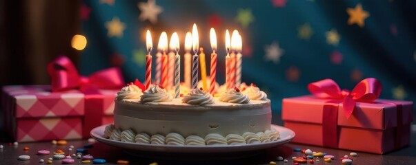 Burning birthday candles on cake next to presents, sweet, hope