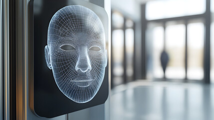 A digital representation of a human face, created with wireframe technology, positioned in a modern interior setting.