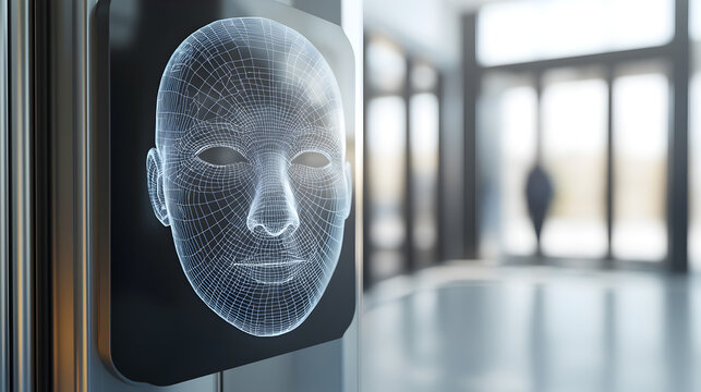 A digital representation of a human face, created with wireframe technology, positioned in a modern interior setting. - Powered by Adobe