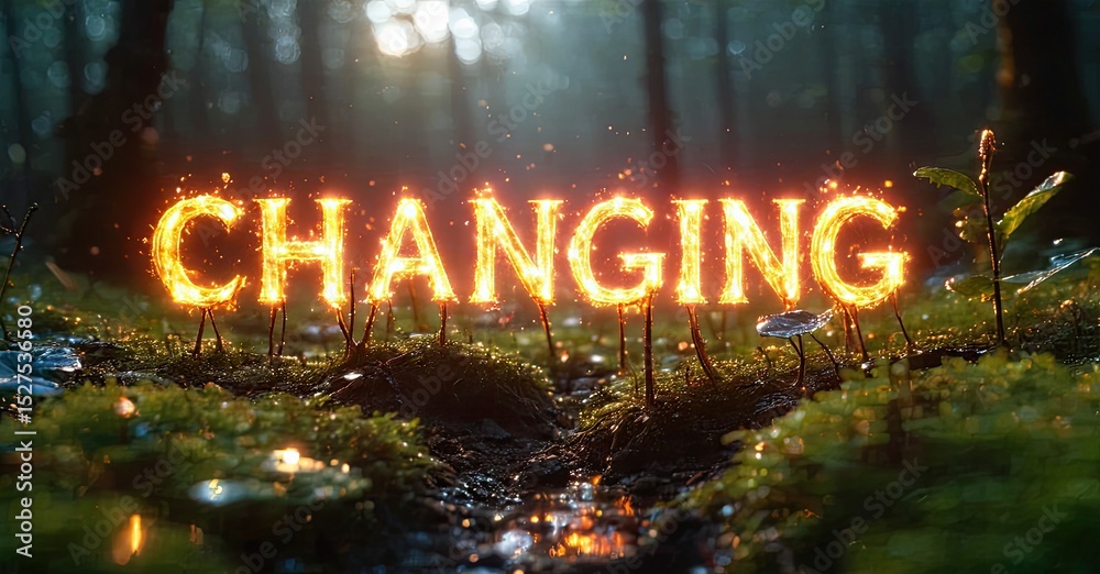 Aufkleber forest floor displays glowing text. mushrooms surround small stream, sunlight filters through trees.