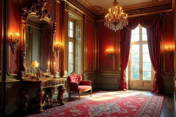 Gleaming antique gold mirrors, intricate carvings Opulent aristocratic interior , interior decor, rococo, ornate mirrors