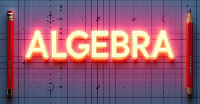 Bright neon algebra text over graph paper. Pencils flank sides, creating school subject visual. Dramatic lighting enhances presentation.