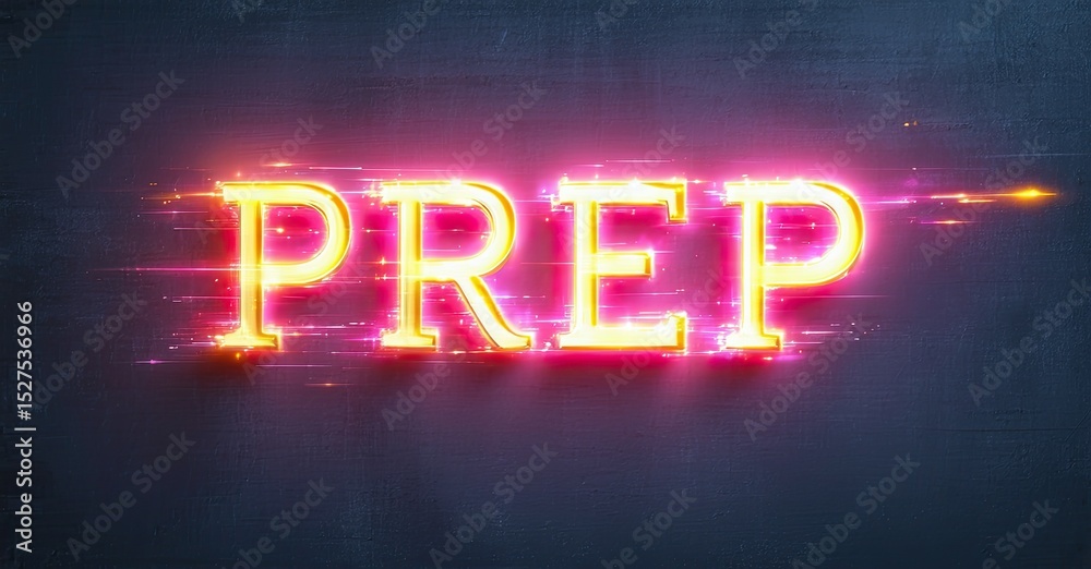 Poster Bright neon text spells PREP against dark textured background. Glitch effects add visual interest, creating dynamic presentation.