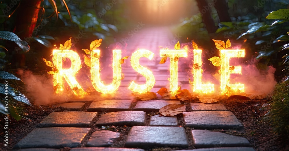 Poster glowing text spells rustle over stone path. lush forest surrounds scene, creating mystical atmospher