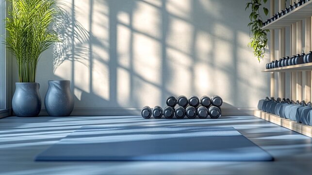 Modern gym interior featuring weights, dumbbells, and an exercise mat in a bright, minimalist space. - Powered by Adobe