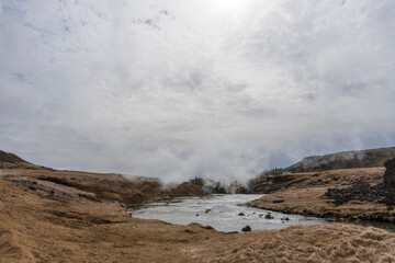 Reykjaladur  Vapor Valley, geothermal area in southern Iceland on April 16, 2024.