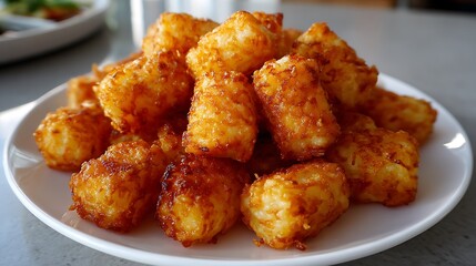 Golden, Crispy Tater Tots on a White Plate