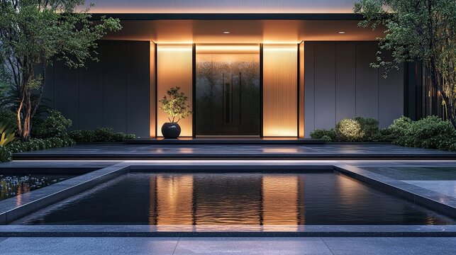 Modern illuminated entrance with glowing edges, serene water reflections, ideal for luxury branding or travel.