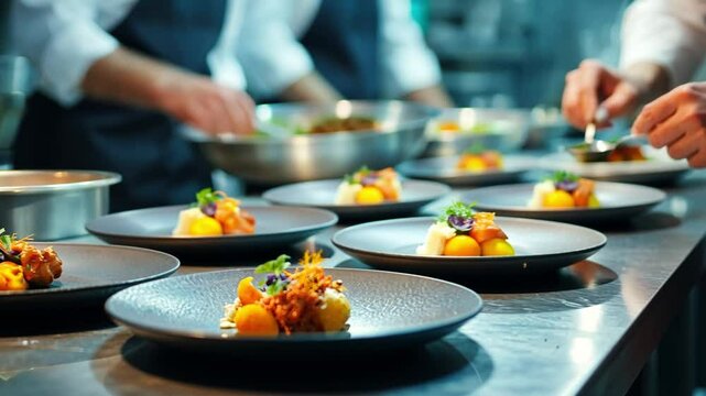 Culinary Symphony: A symphony of culinary artistry unfolds as chefs meticulously prepare a delectable dish, their hands orchestrating a visual feast in a professional kitchen.