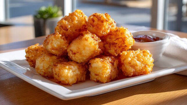 Golden, crispy tater tots served on a white plate with ketchup