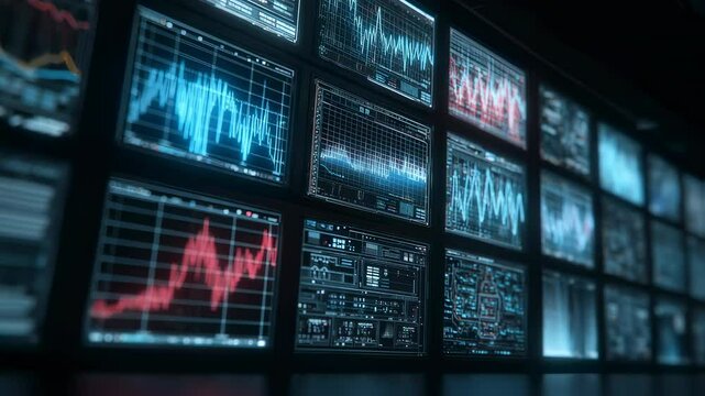 Several computer monitors display fluctuating stock market data, creating an atmosphere of financial analysis and decision making in a dimly lit environment - Powered by Adobe
