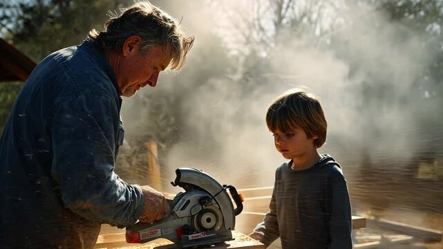 Generational Handiwork: An elder, passing on knowledge to a young apprentice amidst a swirl of sawdust and the focused buzz of a circular saw, constructing a lasting legacy.