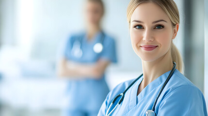 A smiling healthcare professional in scrubs, exuding confidence and compassion, with another colleague in the background, embodying teamwork in a medical setting.