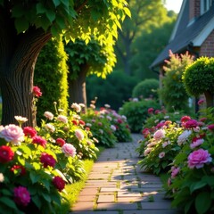 Vibrant Harwich garden blooms, lush green foliage, flowers, bright, daytime