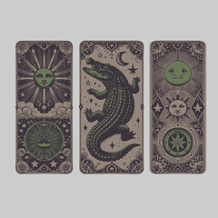 reptile playing card design featuring alligator in detailed vintage vector style