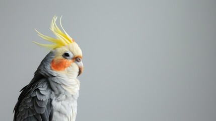 Obraz premium A cockatiel with yellow crest and orange cheek patch poses against a plain background.