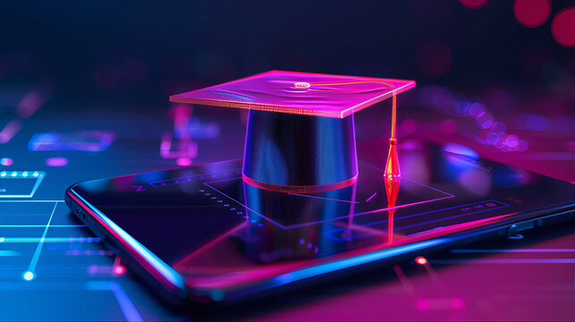 Graduation cap emerging from a smartphone, online education, digital learning, e-learning. Digital graduation cap floating above a smartphone, evolution of education in the digital age