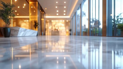 Modern luxury hotel lobby blur background with reception and glass walls, ideal for upscale imagery.