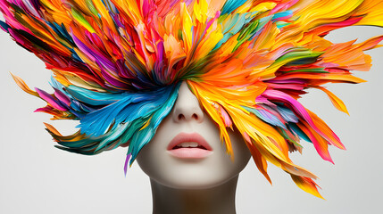 Naklejka premium A vibrant, artistic portrayal of a woman's face, adorned with colorful, flowing shapes that resemble colorful hair or abstract art.