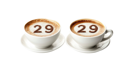 Two Cups of Cappuccino with Number 29 in Latte Art