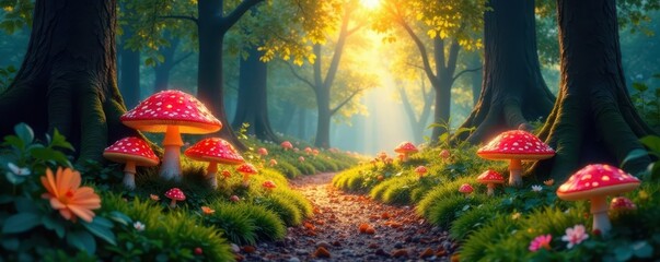 Sun-dappled path winds through vibrant enchanted forest, luminous mushrooms gleam , mythical, shadow, beautiful