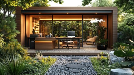 Modern outdoor workspace with sleek wooden furniture surrounded by greenery, ideal for creativity and productivity.