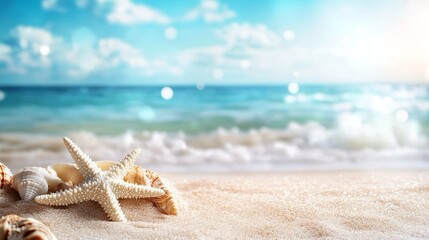 Un gruppo di stelle marine e conchiglie sulla spiaggia, circondate da sabbia fine.