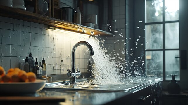 Un'immagine ravvicinata mostra un rubinetto da cucina con un getto d'acqua che schizza in un lavandino di acciaio inox, creando spruzzi e schizzi d'acqua.